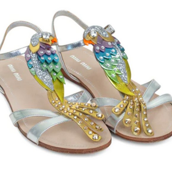 MIU MIU Multicolor Leather Crystal Embellished Parrot Sandals Size 38.5 - Picture 2 of 8